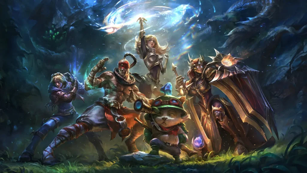 Cinco campeones de League of Legends en pose de combate rodeados de magia y oscuridad, con Teemo en el centro.
