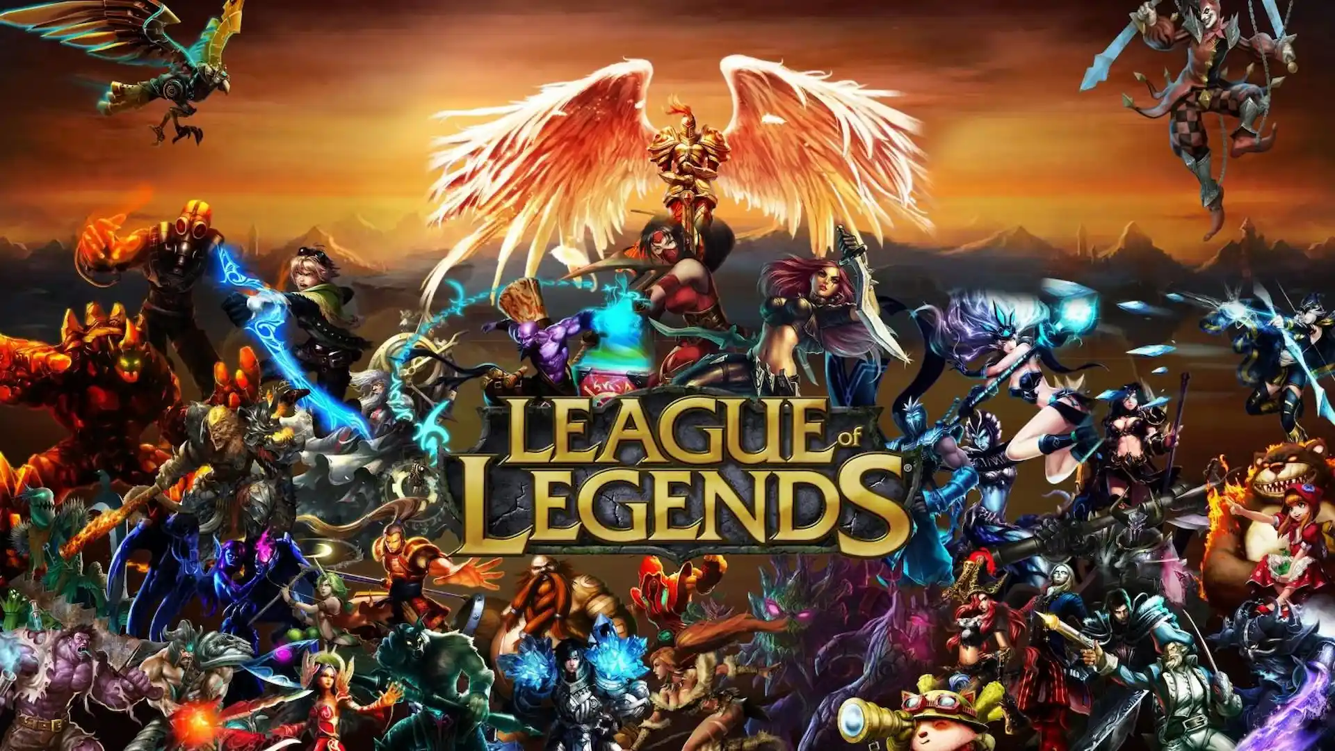 Wallpaper oficial de League of Legends con decenas de campeones reunidos bajo el logo del juego al atardecer.