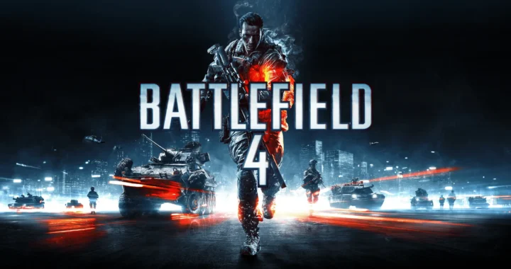 Portada de Battlefield 4 donde vemos a un soldado, detrás del logo, con tanques a su espalda, con tonos negros, naranjas y azules.