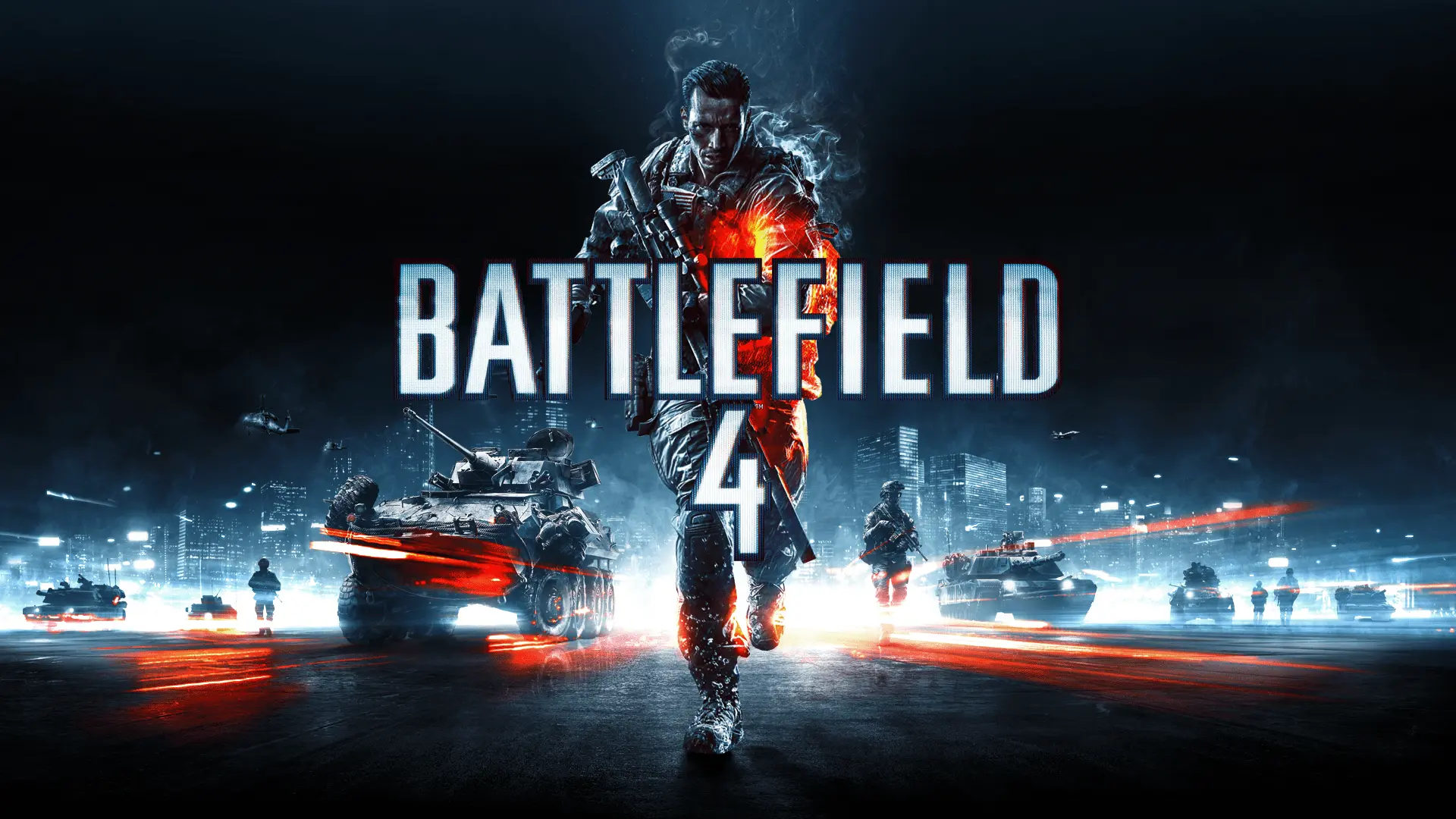 Portada de Battlefield 4 donde vemos a un soldado, detrás del logo, con tanques a su espalda, con tonos negros, naranjas y azules.