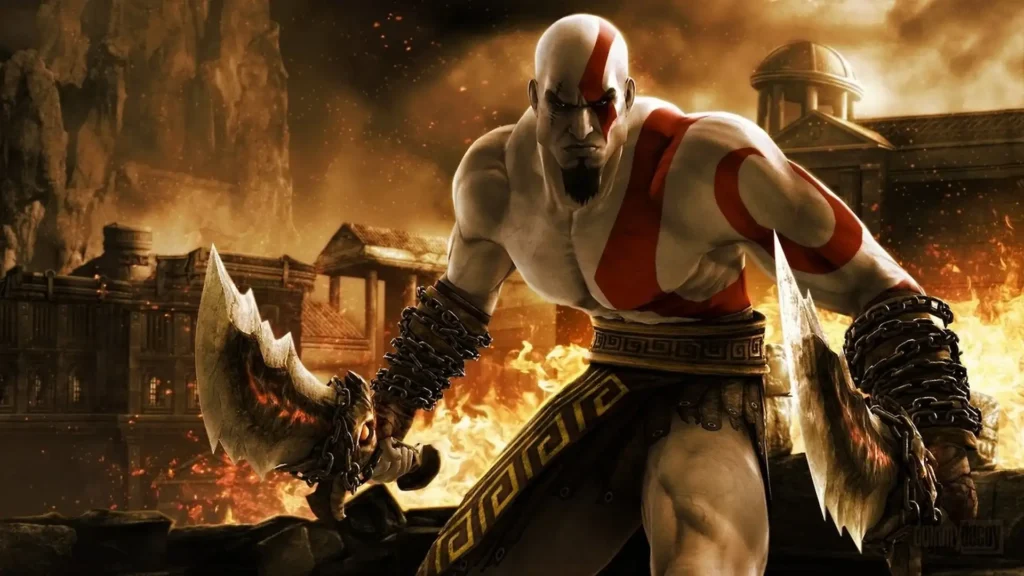 Kratos empuñando espadas en ciudad griega en llamas, videojuegos adaptados al cine de God of War.