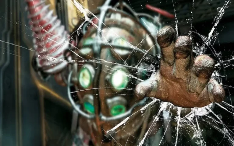 Mano atravesando cristal revelando Big Daddy desenfocado en videojuegos adaptados al cine de BioShock.
