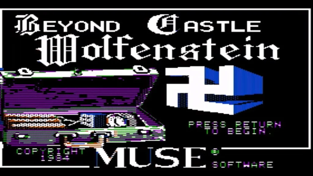 Portada azul de Beyond Castle Wolfenstein con castillo en perspectiva isométrica y logo de MUSE Software.