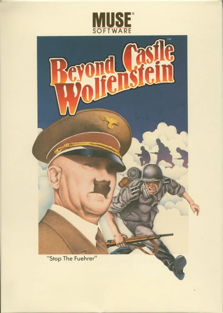 Carátula del juego Beyond Castle Wolfenstein con militar en uniforme nazi y soldados de fondo sobre cielo azul.