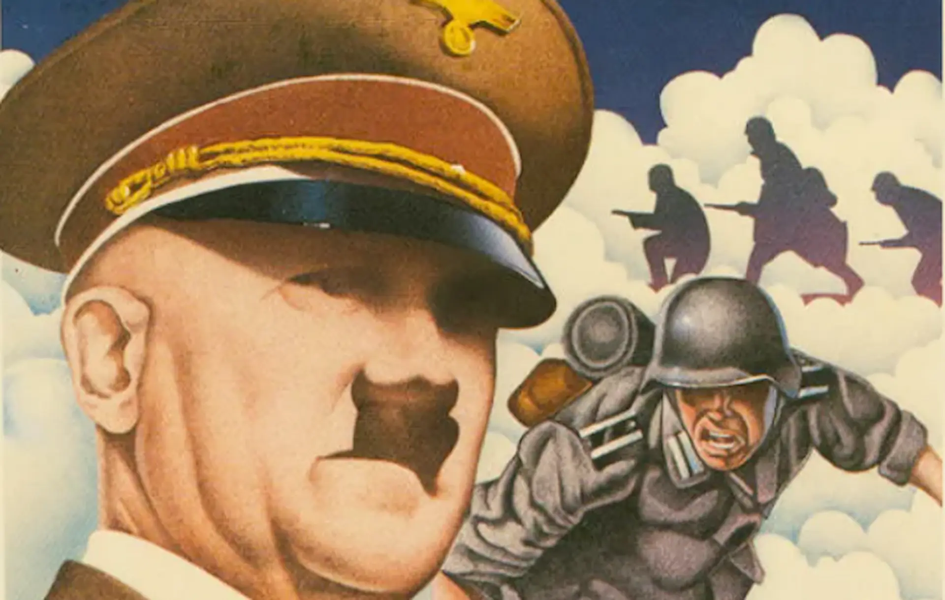 Detalle de ilustración de la carátula Beyond Castle Wolfenstein mostrando retrato del oficial militar nazi en primer plano.