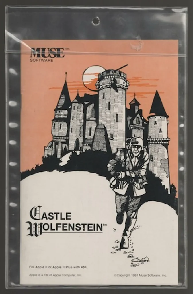 Portada original de Castle Wolfenstein con un soldado escapando de un castillo al atardecer bajo el sello Muse Software.
