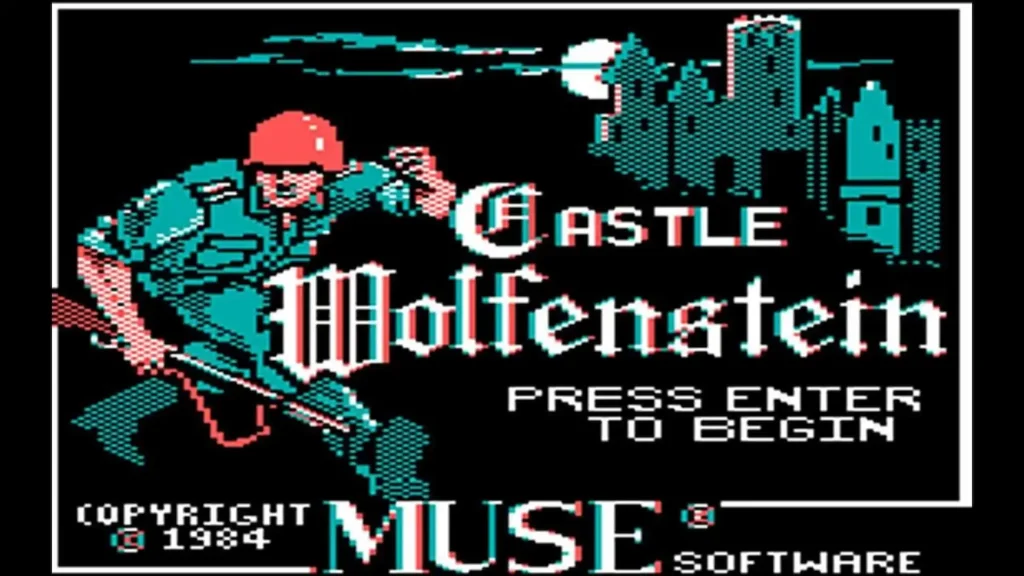 Pantalla de inicio de Castle Wolfenstein mostrando a un soldado con fusil frente al castillo y el logo del juego.
