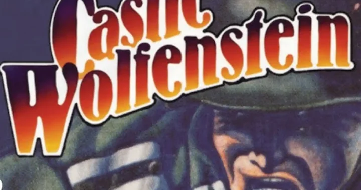 Ilustración de portada de Castle Wolfenstein con un soldado en primer plano y el título en letras rojas degradadas.