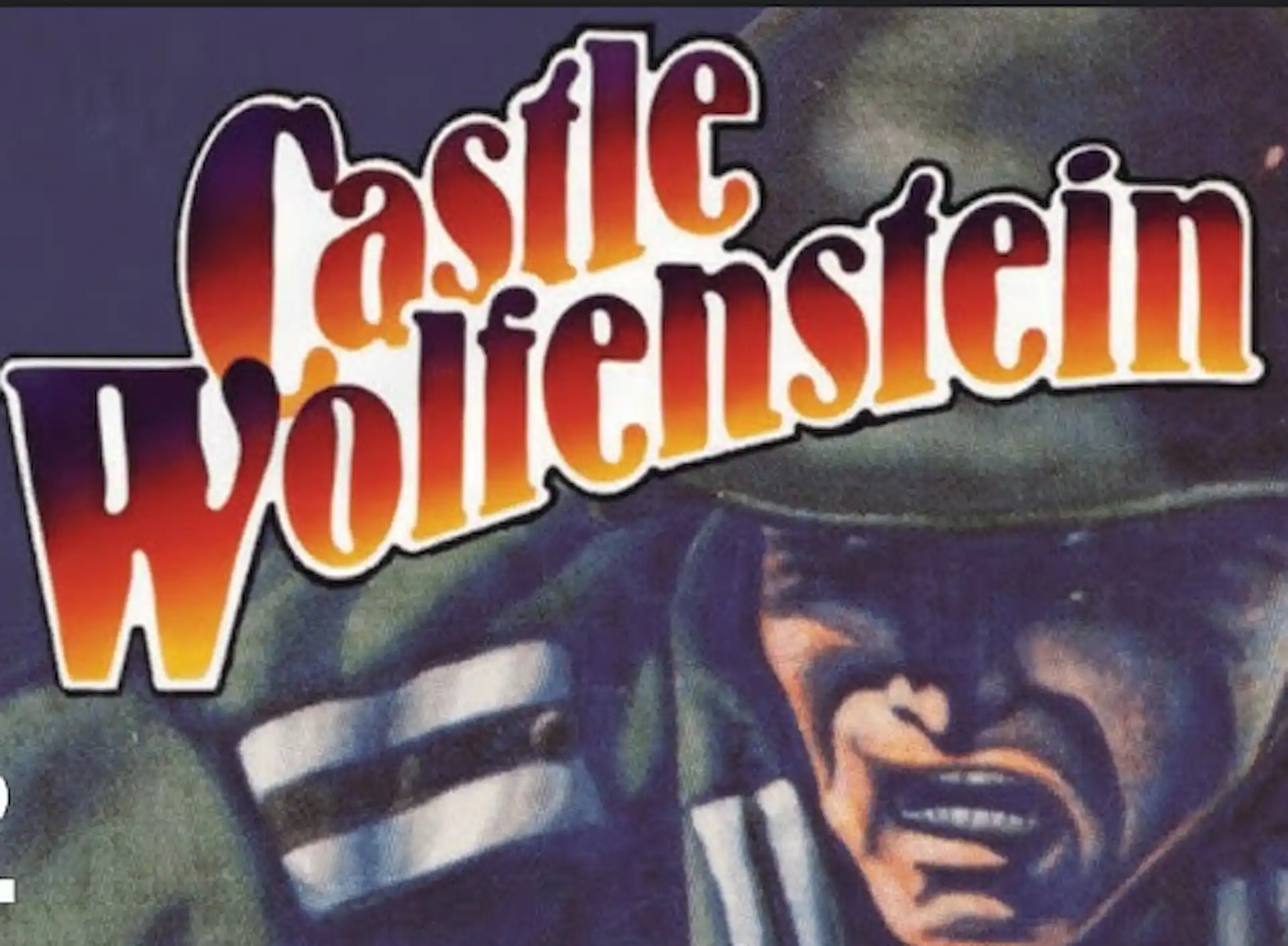 Ilustración de portada de Castle Wolfenstein con un soldado en primer plano y el título en letras rojas degradadas.