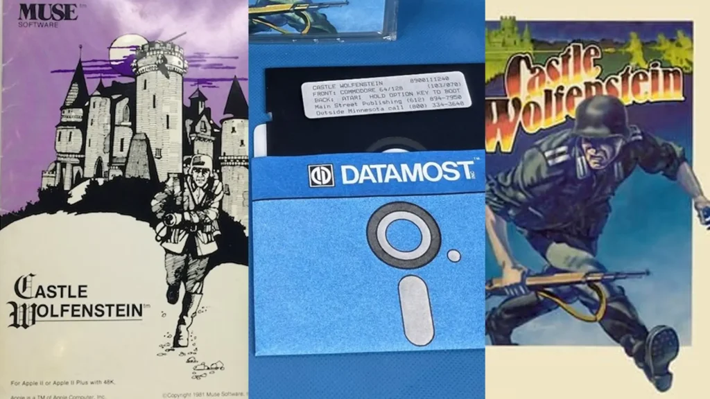 Montaje con diferentes ediciones de Castle Wolfenstein: portada, disquete Datamost y arte alternativo del juego.