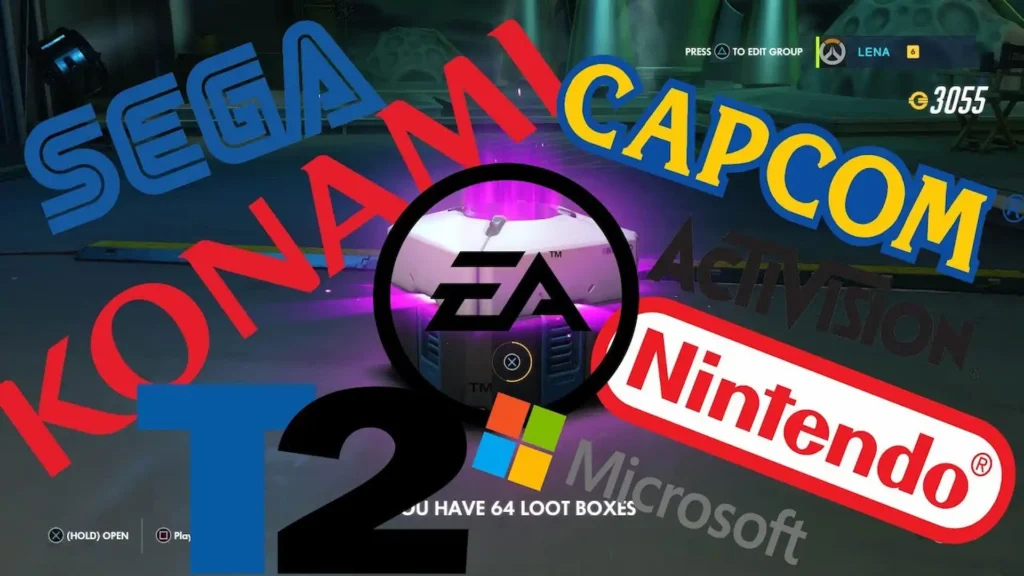Caja de botín rodeada de logos de grandes empresas revelando el lado oscuro de la industria del videojuego.