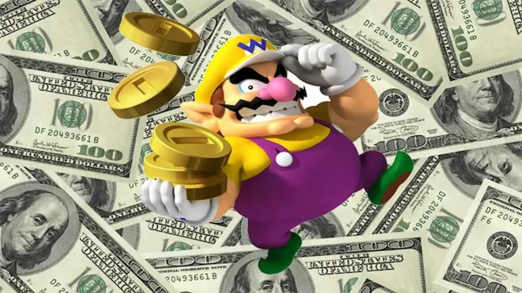 Wario sosteniendo monedas de oro sobre billetes reflejando el lado oscuro de la industria y la avaricia corporativa.
