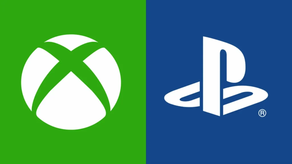 Logos de Xbox y PlayStation divididos mostrando rivalidad en el lado oscuro de la industria del entretenimiento.