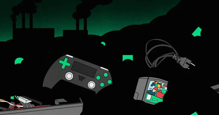 Mando y consola abandonados con fábricas contaminantes ilustrando el lado oscuro de la industria tecnológica.