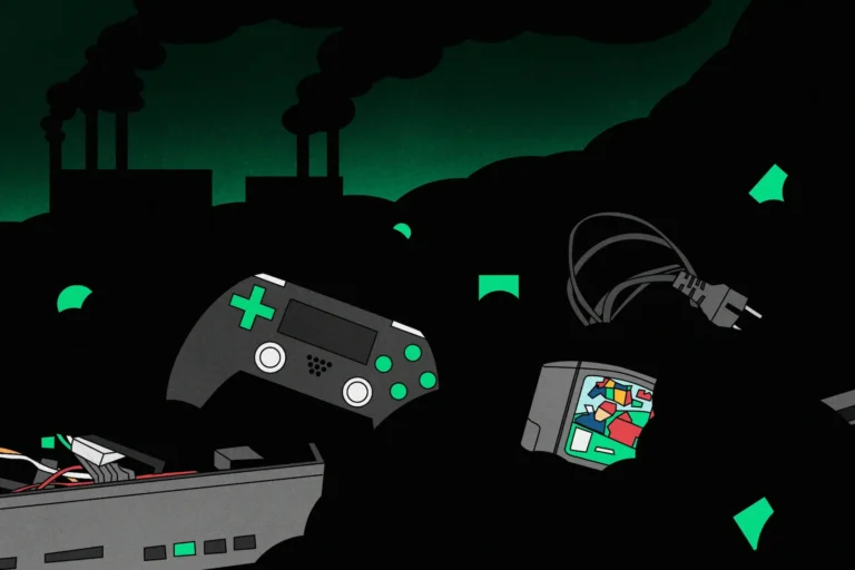 Mando y consola abandonados con fábricas contaminantes ilustrando el lado oscuro de la industria tecnológica.