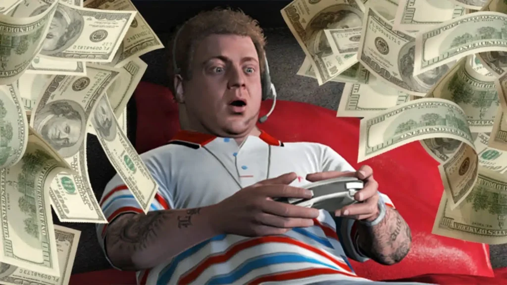 Jugador sorprendido rodeado de dinero cayendo representando el lado oscuro de la industria de los videojuegos.