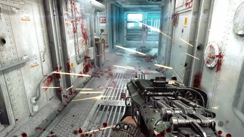 Pasillo metálico ensangrentado con arma en primera persona en Wolfenstein: The New Order.