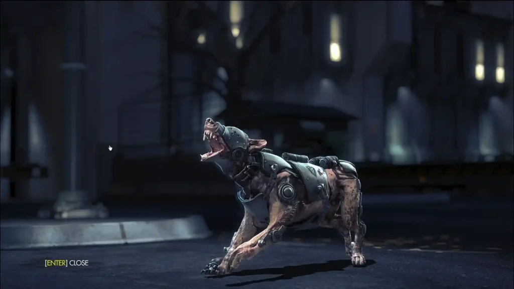 Perro robótico cybernético amenazante con armadura metálica en Wolfenstein: The New Order.