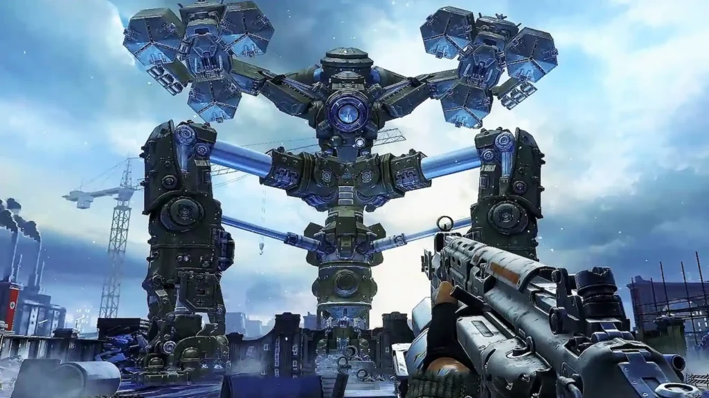 Robot colosal con brazos articulados enfrentado con armas futuristas en Wolfenstein: The New Order.