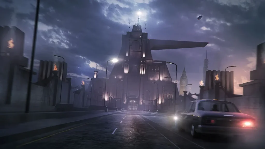 Calle londinense distópica con edificio imponente y cielo tormentoso en Wolfenstein: The New Order.