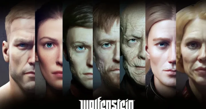 Mosaico de rostros de personajes con ojos azules intensos en Wolfenstein: The New Order.