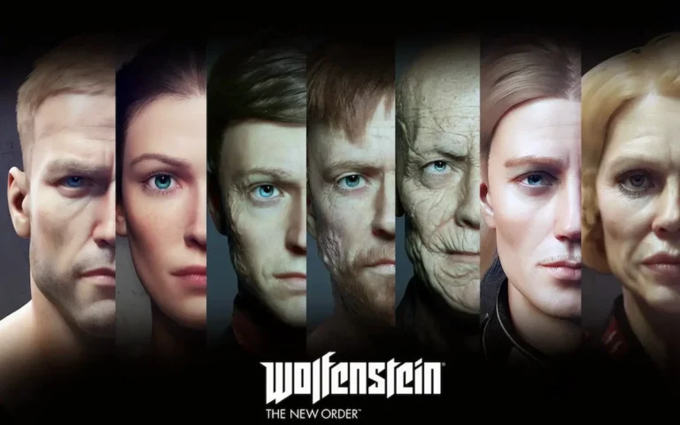 Mosaico de rostros de personajes con ojos azules intensos en Wolfenstein: The New Order.
