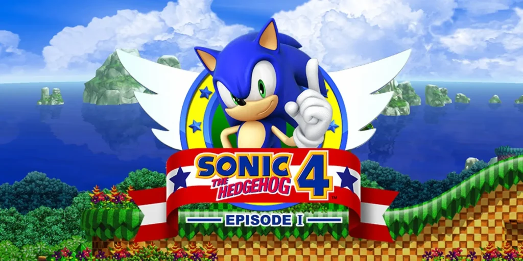 Pantalla de título del Episodio 1 de Sonic 4 con el erizo azul señalando al jugador ante un fondo de Green Hill.