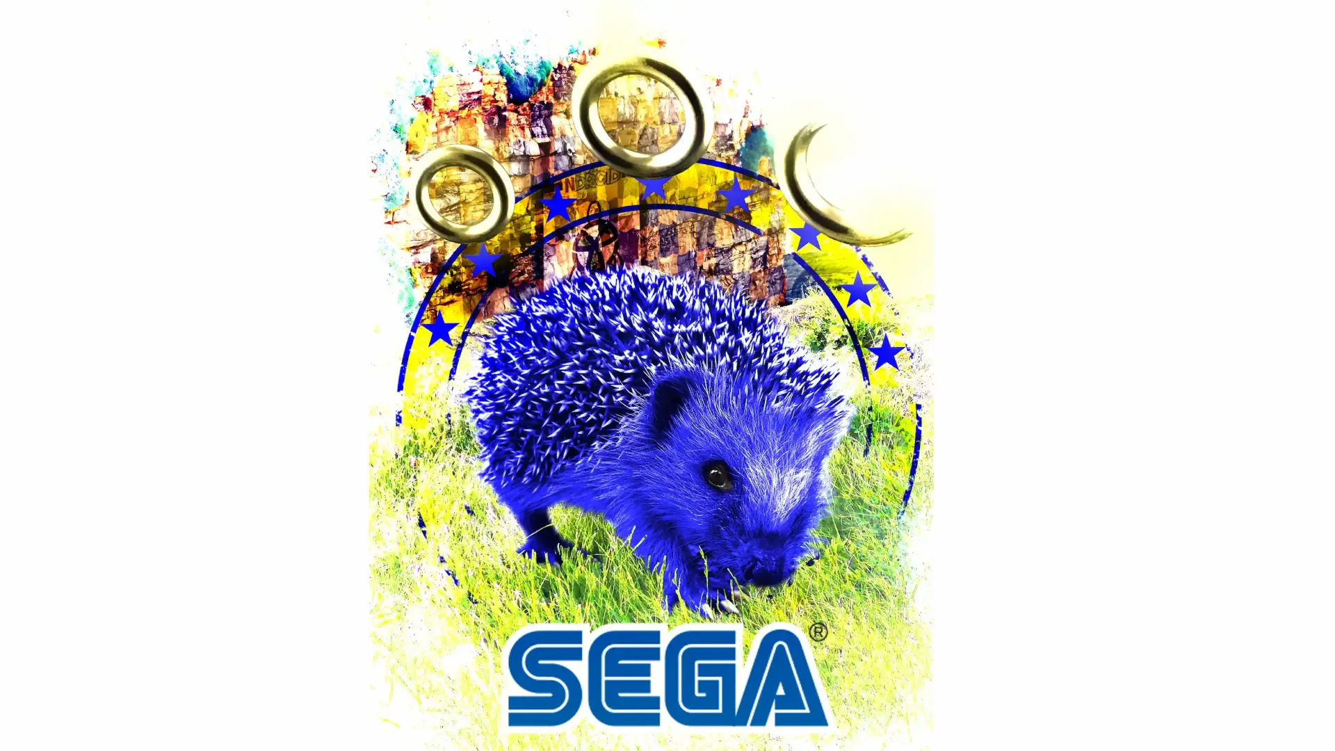 Erizo azul real sobre hierba con anillos dorados y el logo de SEGA, un guiño a que vuelva Sonic a sus raíces.