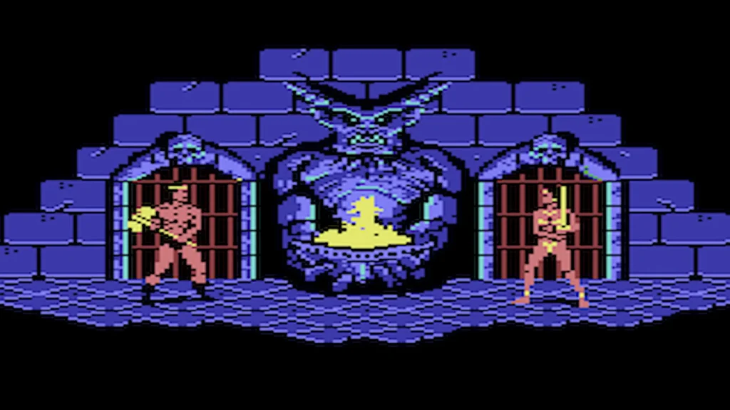 Arnold Schwarzenegger y los videojuegos 5 Arnold Schwarzenegger en el videojuego Barbarian de Spectrum, portando un hacha en una celda azul con una estatua de un demonio portando llamas.