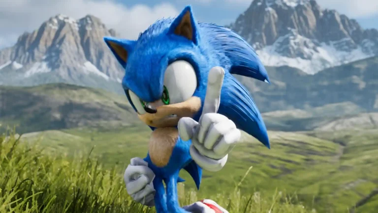Sonic en Unreal Engine 4 renderizado con pelaje realista, señalando al jugador ante un paisaje de montañas nevadas.