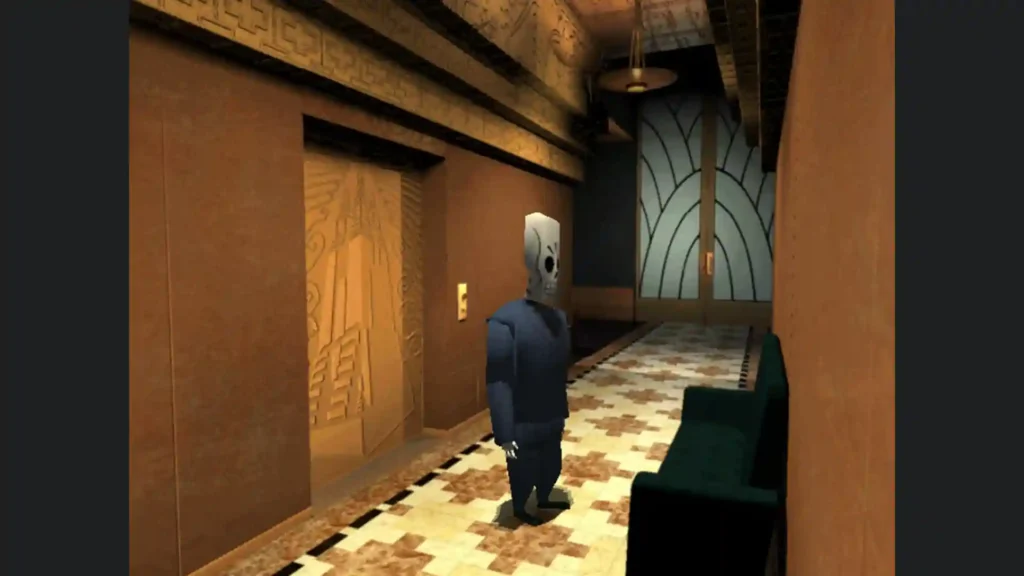 Manny Calavera camina por el vestíbulo elegante del Departamento de la Muerte en la guía de Grim Fandango.
