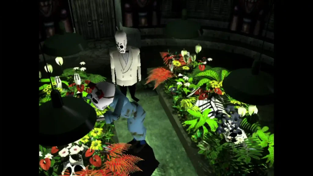 Manny observa un esqueleto florecido tras un asesinato con plantas en la guía de Grim Fandango.