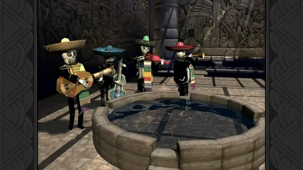 Un grupo de esqueletos mariachis toca música junto a una fuente en la guía de Grim Fandango.