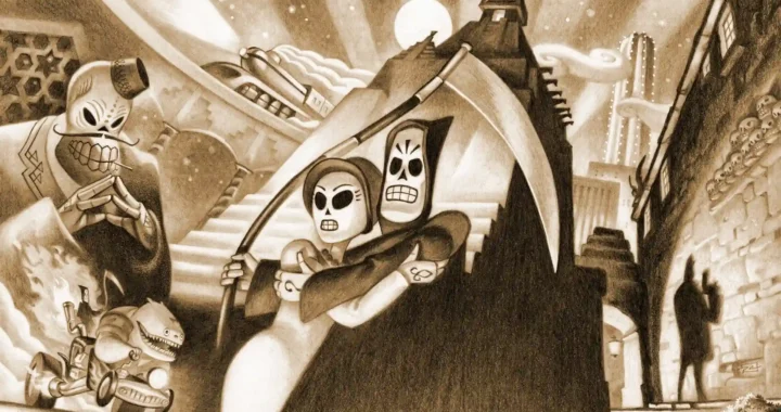 Arte oficial con Manny y Mercedes abrazados y la Parca detrás en la guía de Grim Fandango.