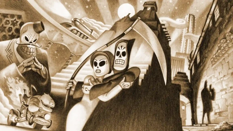 Arte oficial con Manny y Mercedes abrazados y la Parca detrás en la guía de Grim Fandango.