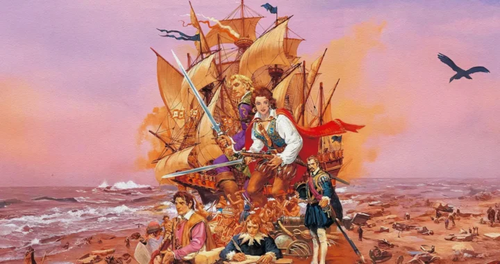 Portada de Uncharted Waters: New Horizons donde vemos a varios personajes con espadas en una playa con un barco con velas blancas detrás.