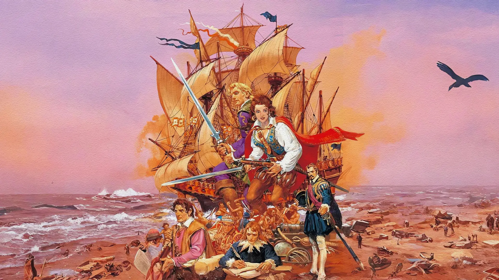 Portada de Uncharted Waters: New Horizons donde vemos a varios personajes con espadas en una playa con un barco con velas blancas detrás.