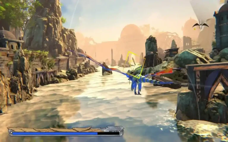 Combate aéreo sobre un río con ruinas al fondo en el remake de Panzer Dragoon para PC.