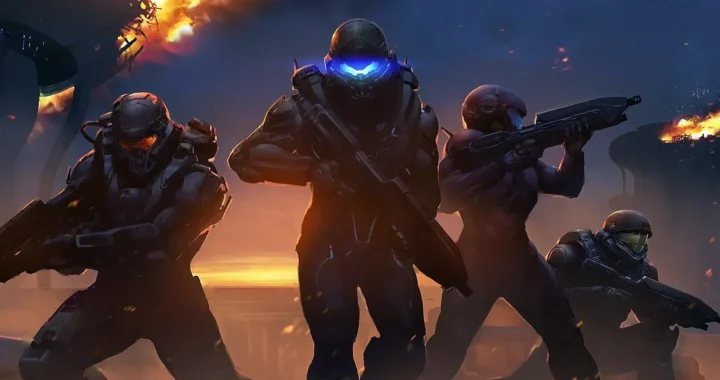 Varios Spartans de Halo 5: Guardians posando a cámara para el análisis de Halo 5 en Orgullogamers después de ganar una partida multijugador dejando un escenario nocturno y llamas tras de sí.