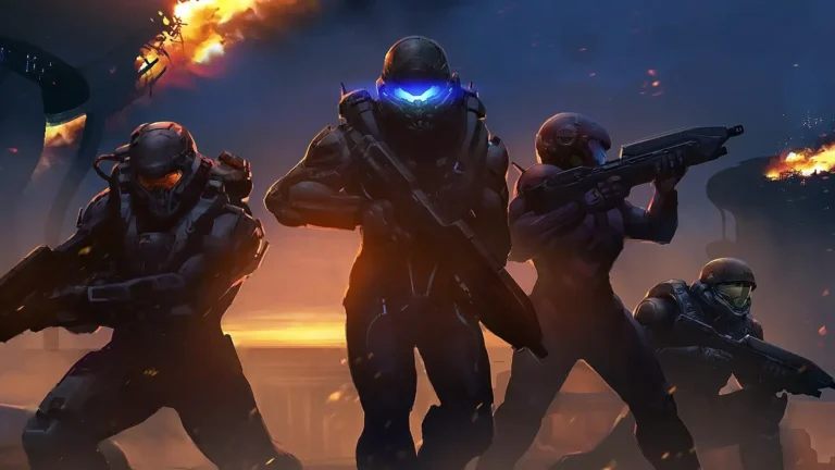 Varios Spartans de Halo 5: Guardians posando a cámara para el análisis de Halo 5 en Orgullogamers después de ganar una partida multijugador dejando un escenario nocturno y llamas tras de sí.