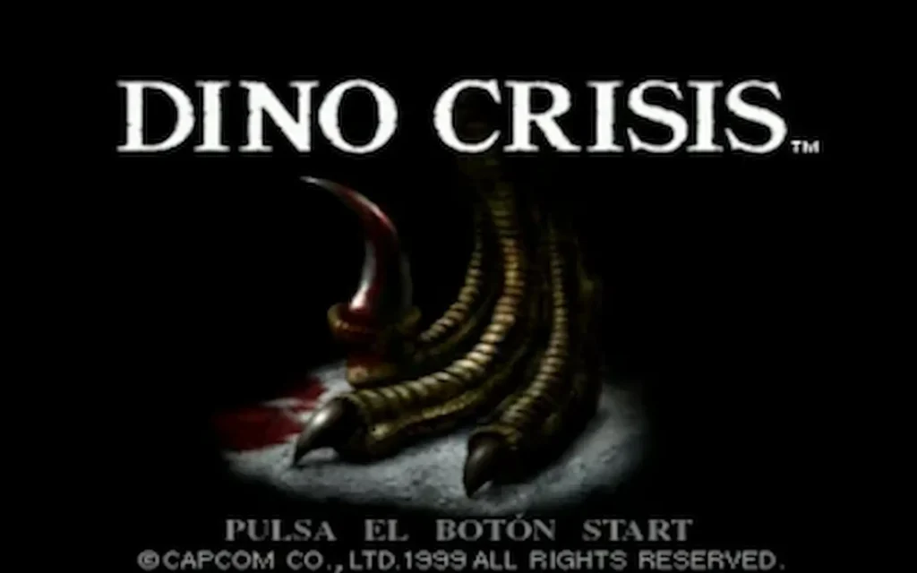 Menú de Dino Crisis con el titulo y un pie de raptor con un charco de sangre que dice pulsa el botón start.