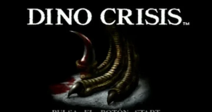 Menú de Dino Crisis con el titulo y un pie de raptor con un charco de sangre que dice pulsa el botón start.
