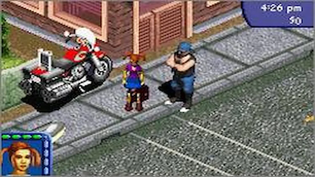 Una joven con coletas habla con un motorista junto a su moto roja en la acera en Los Sims Toman la calle.