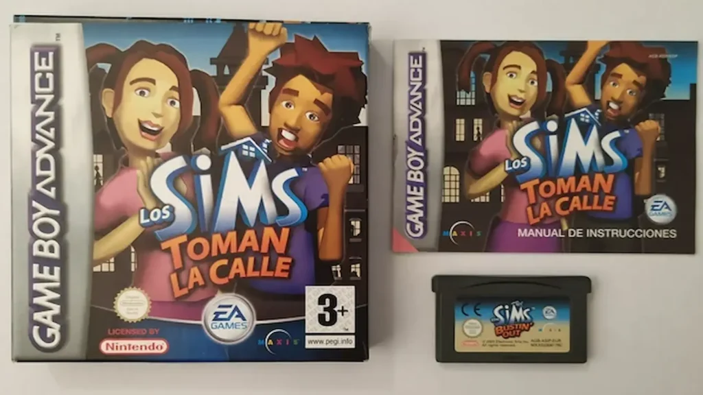 Caja, manual y cartucho de Game Boy Advance de Los Sims Toman la calle completos y en buen estado.