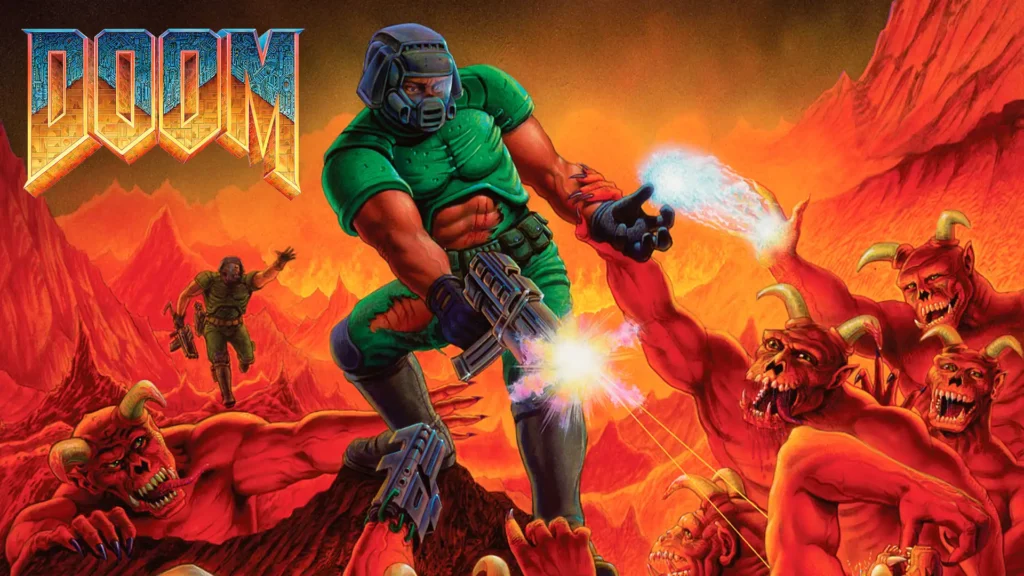 Arte clásico que muestra al marine luchando contra hordas de demonios en el infierno, icónica portada al jugar gratis a Doom.