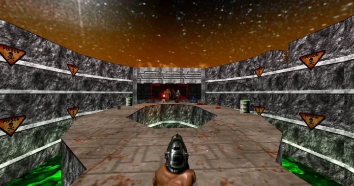 Escena clásica al jugar gratis a Doom, con el jugador disparando su pistola en un nivel rodeado de señales de veneno y enemigos al fondo.
