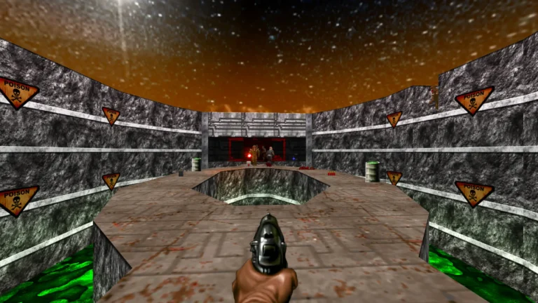 Escena clásica al jugar gratis a Doom, con el jugador disparando su pistola en un nivel rodeado de señales de veneno y enemigos al fondo.
