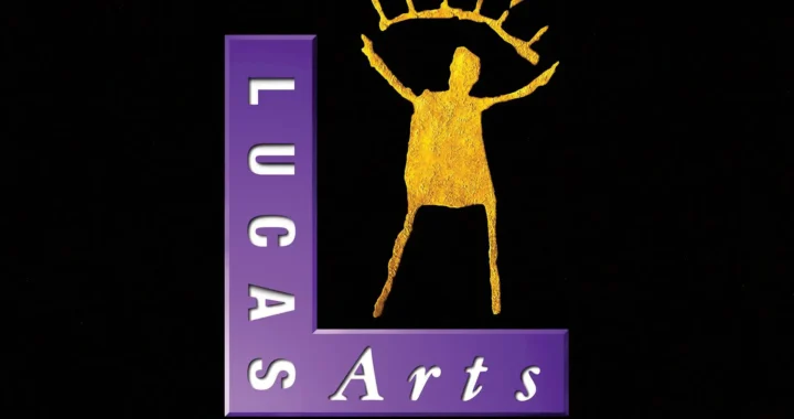 Logo que nos dejó el legado de Lucasarts, con una L violeta y una figura dorada con los brazos abiertos.