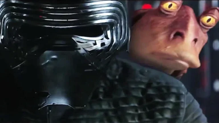 Meme que respalda la teoría de que Jar Jar Binks es un sith, apareciendo por la espalda de Kylo Ren.