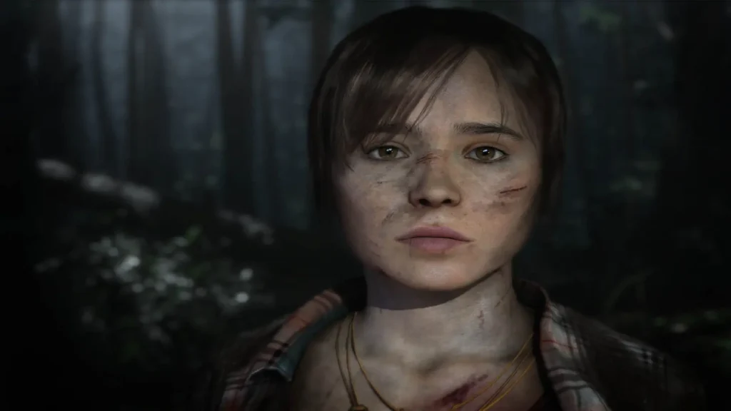 Primer plano de Jodie en nuevas aventuras gráficas, con el rostro herido y un bosque oscuro de fondo.